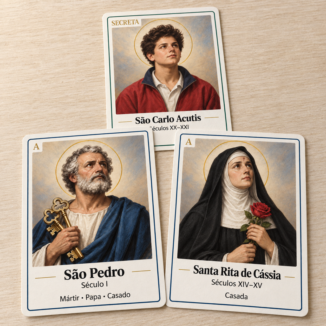 Cartas de São Pedro, Santa Rita de Cássia e São Carlo Acutis do jogo Cara a Cara dos Santos.