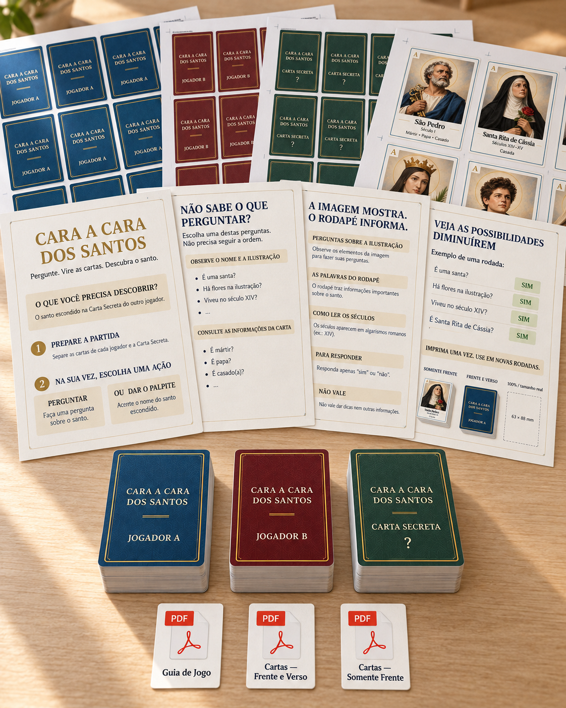 Entregáveis do Cara a Cara dos Santos com cartas do Jogador A, Jogador B, Cartas Secretas, Guia de Jogo e arquivos para impressão.