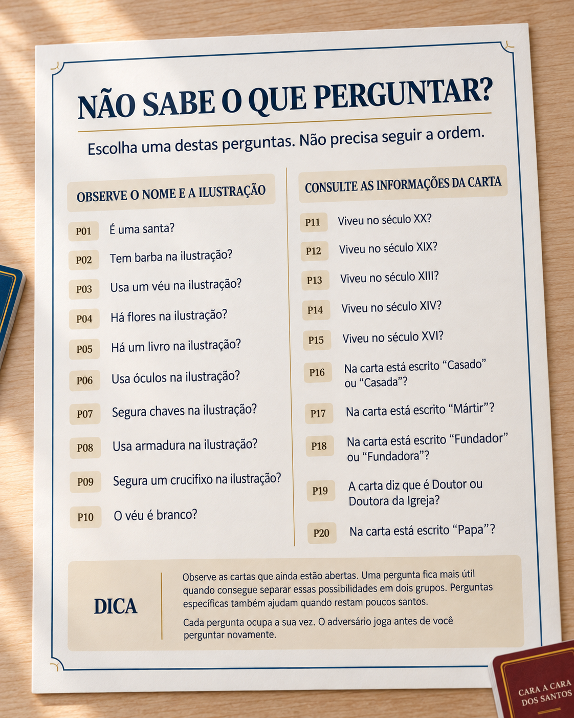Folha do Guia com as 20 perguntas prontas do Cara a Cara dos Santos, divididas entre o que se observa e o que está escrito nas cartas.